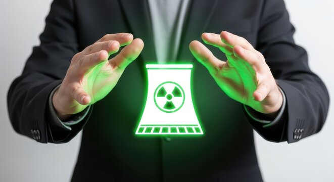 Hands Holding Glowing Nuclear Atom Core with Digital Financial Data. Concept of Clean Energy Investment, Atomic Power Stock Market, and Sustainable Energy Futures. - Powered by Adobe