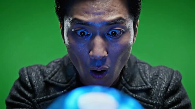 Man in jacket holds glowing blue orb with intense gaze against a vibrant green screen backdrop