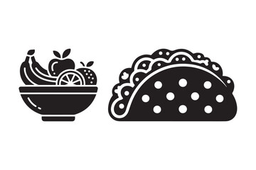 Simple icon of a fruit bowl and a taco
