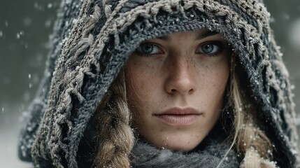 A cinematic close-up of a beautiful woman with blonde hair, wearing a gray winter coat and hood, with snowfall in the background, evoking the setting of a medieval fantasy film.