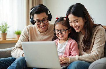 Asian parents and daughter enjoy laptop time together indoors on a sofa. They smile and laugh watching something educational on screen. This family moment shows connection.