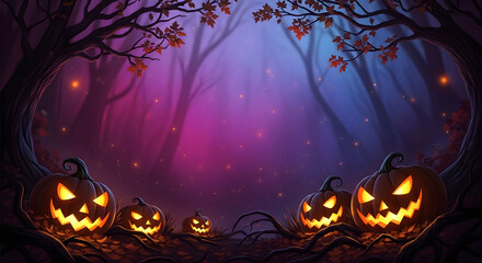 Fototapeta premium Spooky halloween forest scene with glowing carved pumpkins and mystical purple and blue fog creating a magical and eerie atmosphere