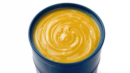 A vivid swirl of yellow mustard in a blue container.