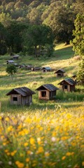 Obraz premium Rustic wooden huts in a field of wildflowers