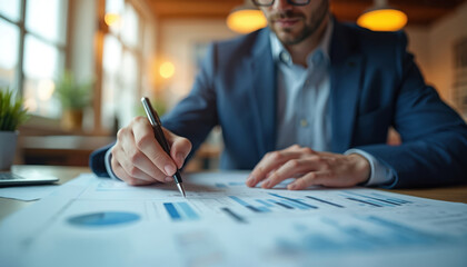 Man in suit analyzes charts and graphs with pen. Businessman reviews financial data and reports. Person works in office, examining stock market trends and investment performance.