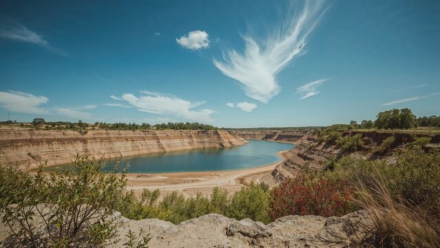 River and cliff landscape with sky and clouds. Nature and outdoor scenery. The concept of geological formations and water bodies.