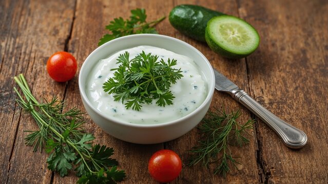 Fresh cucumber and cherry tomato on a wooden surface with a bowl of creamy sauce topped with parsley.