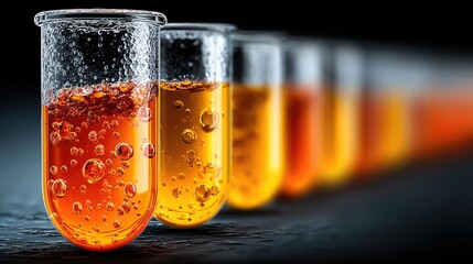 Laboratory Test Tubes with Colorful Liquid Solutions in a Row.