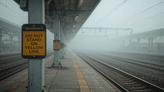 Warning sign at a train platform, do not stand on yellow line.
