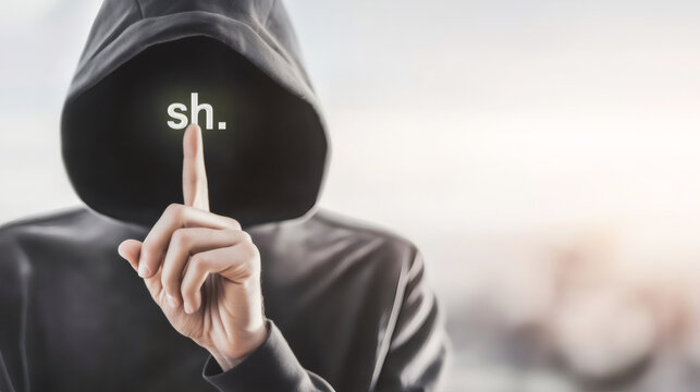 Faceless figure in a dark hood showing a shush gesture with a glowing sh. Symbol, representing silence, mystery, and privacy