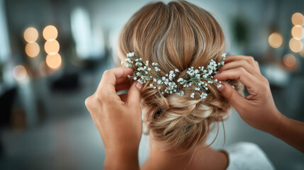 Hairstylist carefully placing an exquisite flower hair accessory into a woman's detailed updo, getting her ready for a wedding or another important occasion