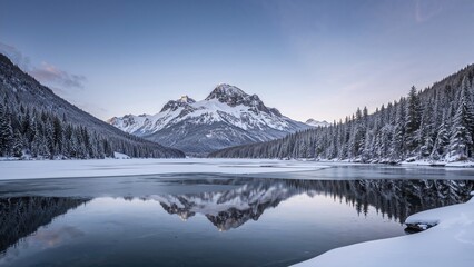 Snow-covered mountains and forest reflected in a calm lake, with a mountain peak in the background and a clear sky.