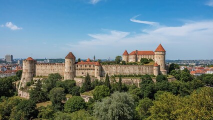 Medieval castle on a hilltop surrounded by lush green trees under a blue sky.