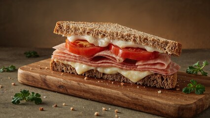 Sandwich with ham, cheese, and tomato on whole grain bread on a wooden cutting board.