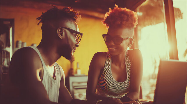 Young black man and woman smiling, engaging in casual conversation. They are working or socializing with a laptop in a relaxed cafe setting