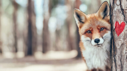 Obraz premium In the forest, a charming fox is playfully peeking out from behind a tree trunk adorned with a vivid red heart, symbolizing love, wonder, and the beauty of nature