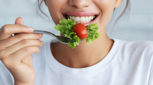 Woman smiling, holding a fork with green lettuce and a red cherry tomato near her mouth, representing healthy eating choices