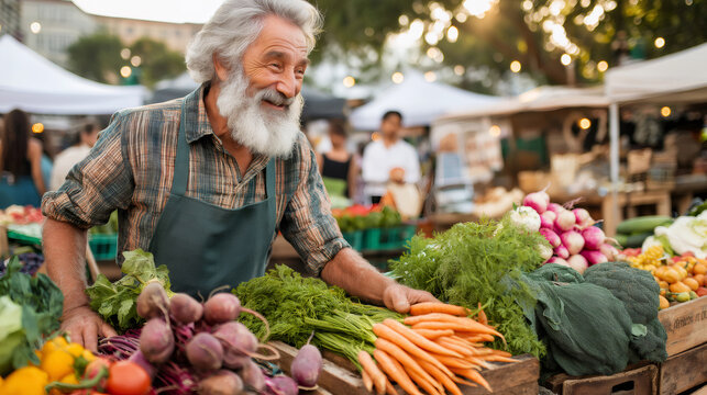 Senior man with apron and plaid shirt smiling, choosing fresh vegetables from wooden crates at a vibrant outdoor market