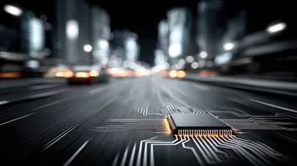Modern Technology Chip in the City - Futuristic Concept.