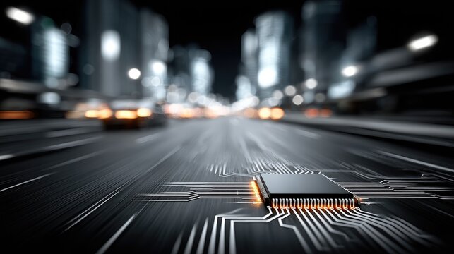 Modern Technology Chip in the City - Futuristic Concept.