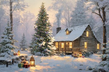 Fototapeta premium Illuminated log cabin nestled in a snowy forest during evening hours