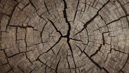 Fototapeta premium Close-up of a tree ring and cracked wood surface. Nature and wood texture. Organic material and growth pattern. The concept of aging and natural patterns.