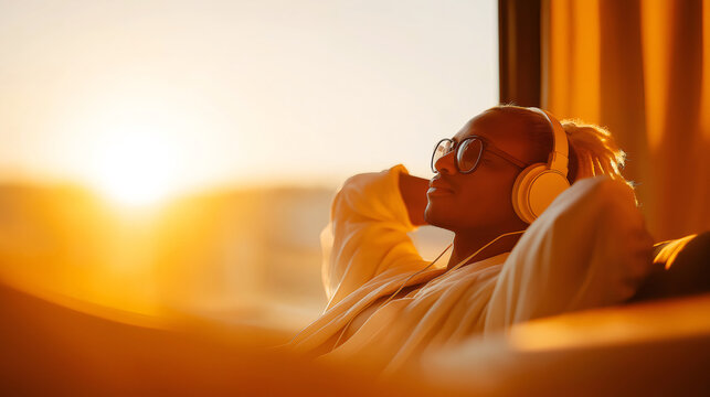 Young man relaxing with his eyes closed or looking up, wearing headphones and glasses, enjoying music and the calming golden hour light