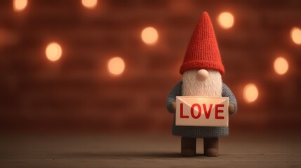 A charming gnome in a red hat holds a sign that reads "LOVE," surrounded by warm, glowing lights, evoking a cozy, festive atmosphere.