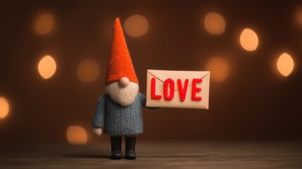 A whimsical gnome holds a letter marked "LOVE," set against a warm, softly glowing background, evoking a sense of affection and charm.