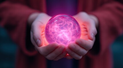 A pair of hands holding a glowing pink sphere, emanating energy and light, set against a blurred...