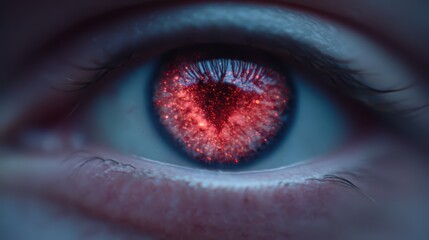 A close-up of an eye featuring a mesmerizing heart-shaped galaxy within, emitting a sparkling red glow, evoking emotion and wonder.