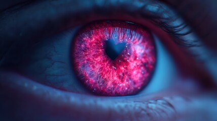 A close-up of a mesmerizing eye with a vibrant, sparkling red iris, surrounded by a soft, blue hue, creating an otherworldly and captivating effect.