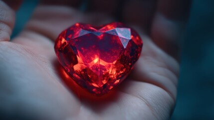 A shiny red heart-shaped gemstone rests in an open palm, capturing light with its facets and conveying a sense of love and beauty.