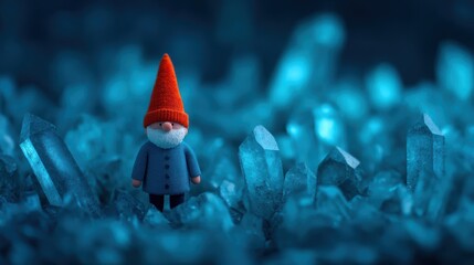 A whimsical gnome stands among sparkling blue crystals, creating a magical, enchanting atmosphere in a surreal landscape.