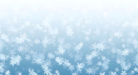 Gentle cascade of sparkling snowflakes descending gracefully against a cool blue gradient, evoking feelings of peace, holiday joy, and frosty enchantment perfect for festive designs