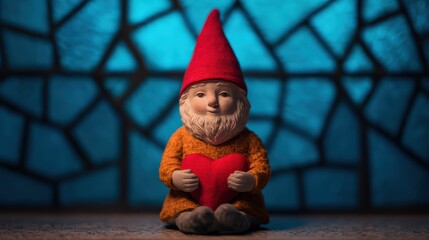 A charming gnome statue with a red hat and heart, sitting against a stained glass background, exuding warmth and whimsy.
