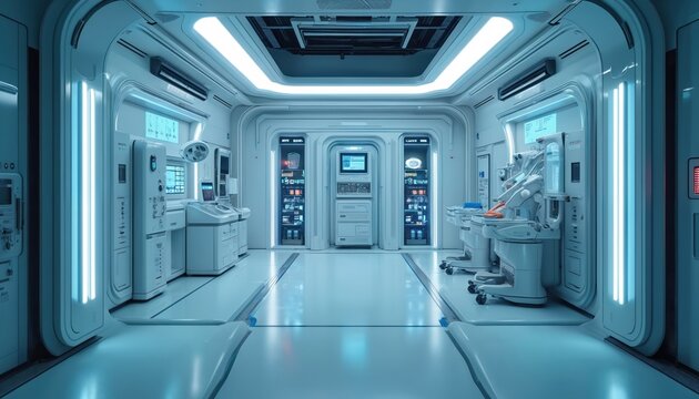 Futuristic sterile operating room with advanced medical equipment. Clean white interior with glowing blue lights. High tech hospital corridor for surgery or medical examination.