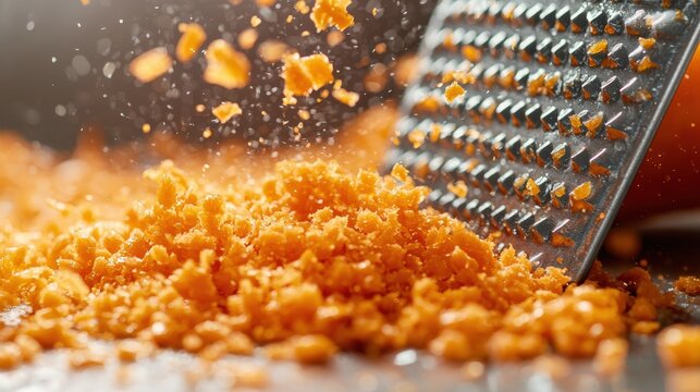 Grater shredding carrot close-up dynamic shot orange carrot being shredded fine pieces flying through air motion blur culinary action
