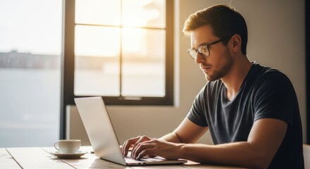 Person using laptop at home with focused concentration, man thoughtfully works on his computer, balancing technology and tranquility. Enjoy person using laptop for remote work,