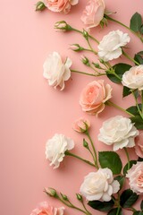 Beautiful floral composition of fresh white and peach roses arranged on pastel pink background with ample copy space for text suitable for valentines day or mothers day greeting card.