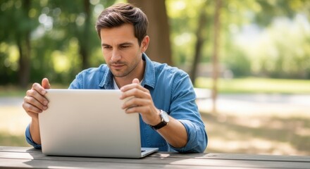 Young man using laptop at outdoor desk, working remotely with his portable computer. Using laptop for outdoor work, man is focused on his job, showcasing dedication and technological integration.