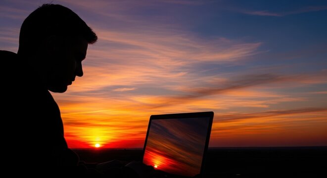 Silhouette of man working on laptop at sunset symbolizing digital freedom, remote work lifestyle, and modern connectivity for blogs, websites, freelance platforms, presentations, and technology campai
