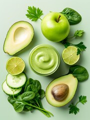 Top view flat lay of organic green smoothie jar surrounded by fresh apples avocado halves and lime slices on pastel green background for healthy vegan diet and natural detox concept.
