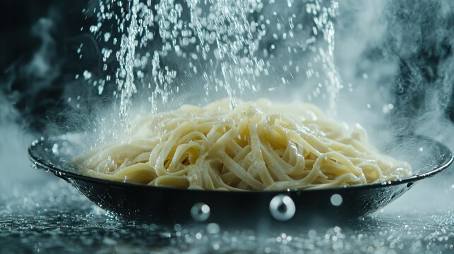 Cooked pasta draining linguine in black colander with water streaming dynamic splash patterns atmospheric steam droplets motion photography