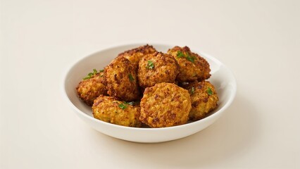 Bowl of fried meatballs or croquettes garnished with herbs placed on a plain background.