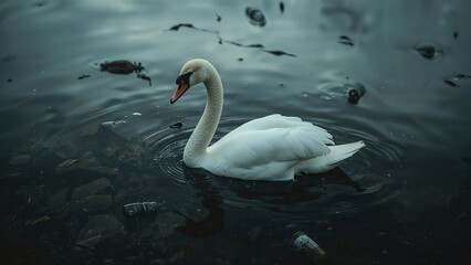 Naklejka premium A swan swimming in a dark, polluted water body with floating trash and debris. Nature and pollution, environmental concerns. Water pollution and wildlife habitat.