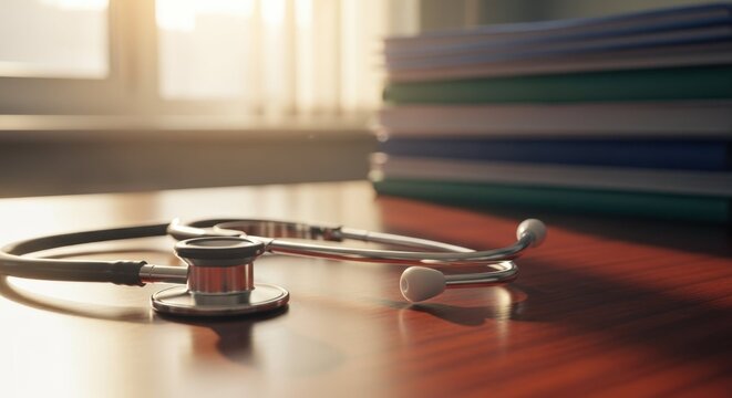Medical stethoscope on wooden desk with stacked files and warm sunlight. Stethoscope signals healthcare professionalism alongside organized documents and clinical environment.