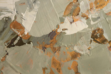 Art oil, Acrylic brush stroke smear blot relief painting canvas wall. Abstract texture gold, gray, beige pastel color stain background.