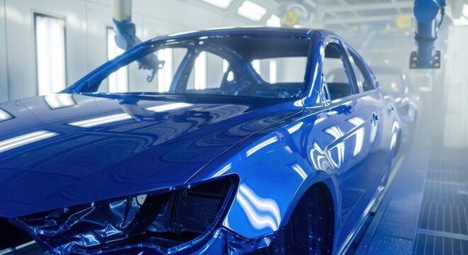 Blue car body in automotive painting process with robotic arms applying paint in modern factory. Car painting process ensures high-quality finish and durability, - Powered by Adobe
