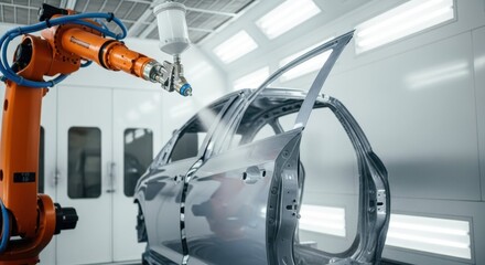 Robotic arm painting car body in industrial plant with metal structure and advanced technology. Painting process includes precise automation with spray application and controlled environment.